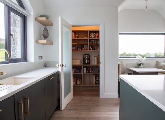 Contemporary Kitchen in Athlone – Hunter Green with Oak Accents - Walk-In Pantry & Hidden Storage Solutions