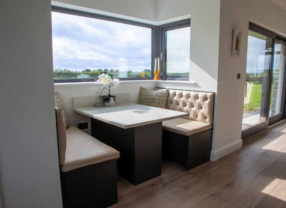 Contemporary Kitchen in Athlone – Hunter Green with Oak Accents - Bespoke Breakfast Nook with Built-In Storage