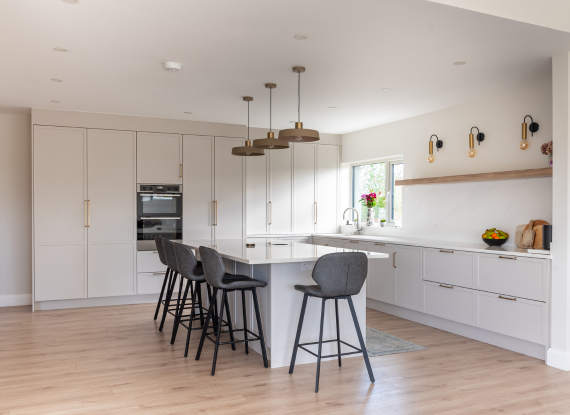 1. A Refined Modern Shaker Design Modern Slim-Shaker Kitchen in Oranmore, Co. Galway – Lyrath Powder and Bardolino Oak - Highlights Image 1